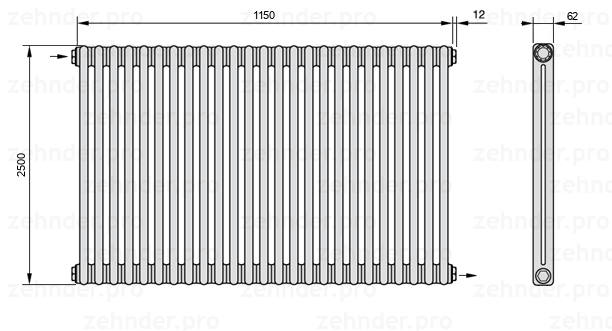Схема (чертеж) Радиатор Zehnder Charleston 2250/25 №1670 Белый глянцевый RAL 9016
